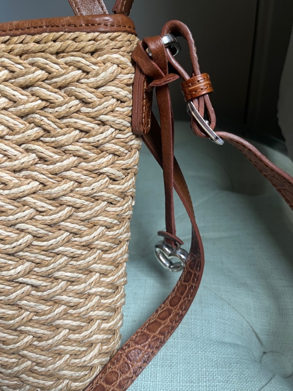 Brighton Eva Woven Straw Tote Shoulder Crossbody Bag with Brown Leather Trim - Picture 4 of 16